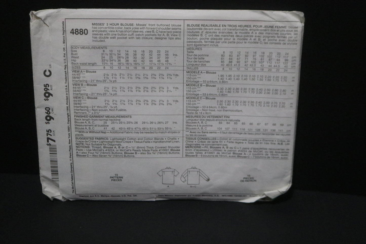 McCalls 4880 Palmer Pletsch  Misses Blouses Sewing Pattern UNCUT - Size 10