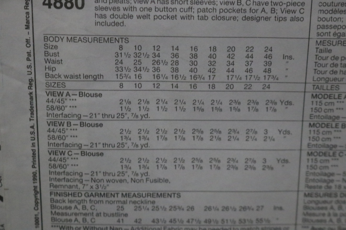 McCalls 4880 Palmer Pletsch  Misses Blouses Sewing Pattern UNCUT - Size 10