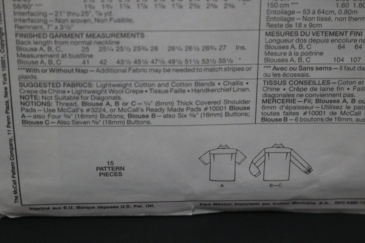 McCalls 4880 Palmer Pletsch  Misses Blouses Sewing Pattern UNCUT - Size 10