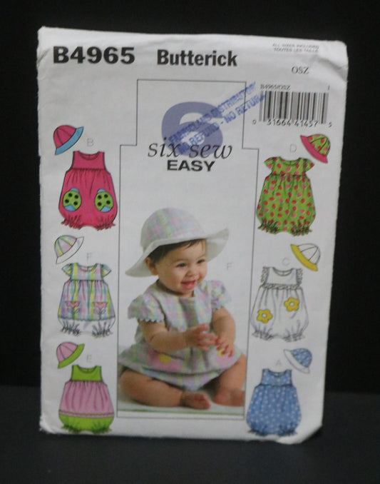 Butterick 4965 Infants Rompers and Hat Sewing Pattern - UNCUT - Size S M L XL