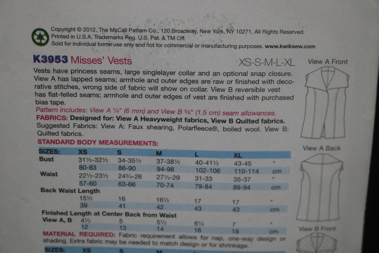 Kwik Sew K3953 Misses Vests Sewing Pattern - UNCUT - Size Xs S M L XL