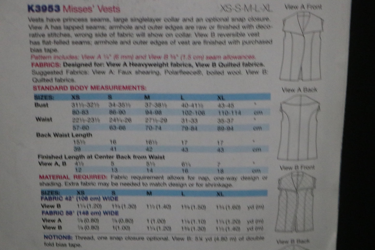 Kwik Sew K3953 Misses Vests Sewing Pattern - UNCUT - Size Xs S M L XL