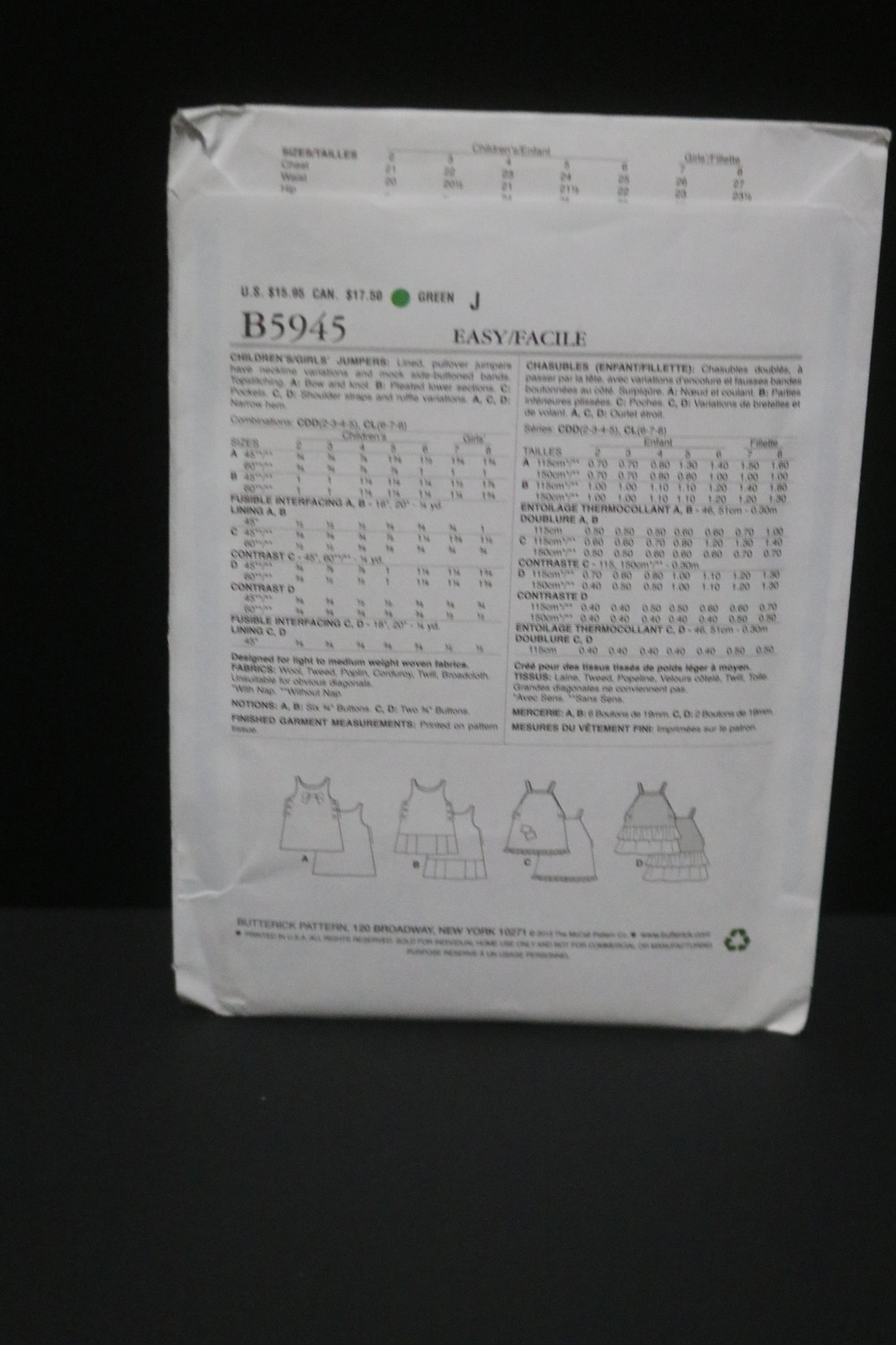 Butterick 5945 Chilrens/Girls Jumper Sewing Pattern - UNCUT Size 6 7 8