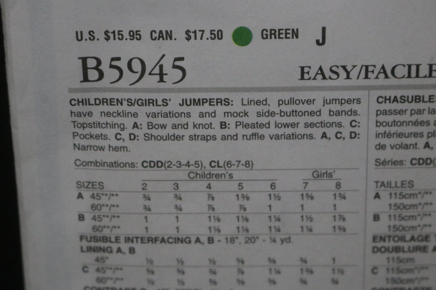 Butterick 5945 Chilrens/Girls Jumper Sewing Pattern - UNCUT Size 6 7 8