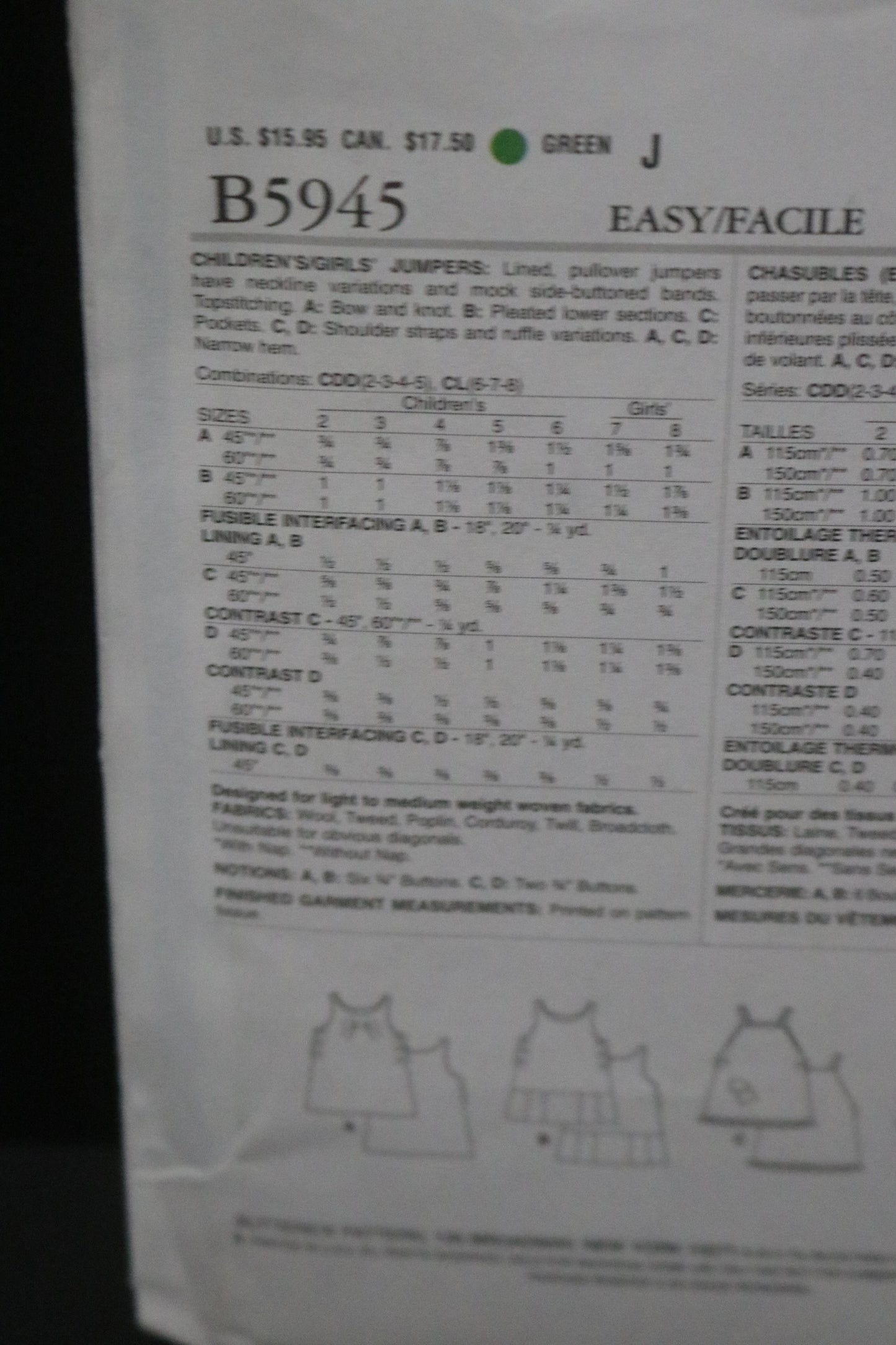 Butterick 5945 Chilrens/Girls Jumper Sewing Pattern - UNCUT Size 6 7 8