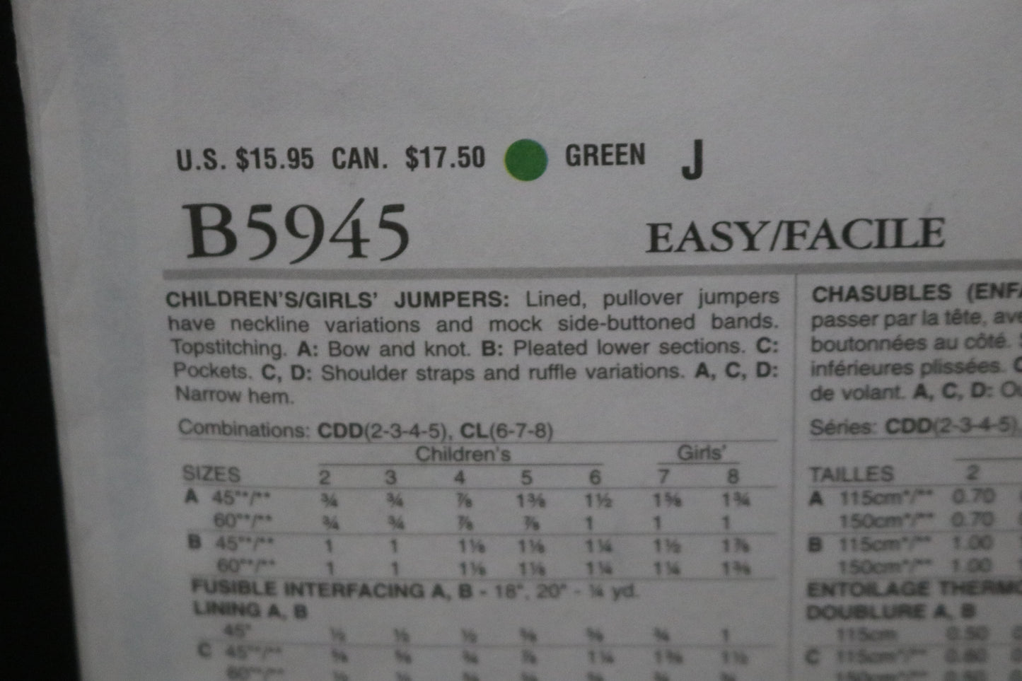 Butterick 5945 Chilrens/Girls Jumper Sewing Pattern - UNCUT Size 6 7 8