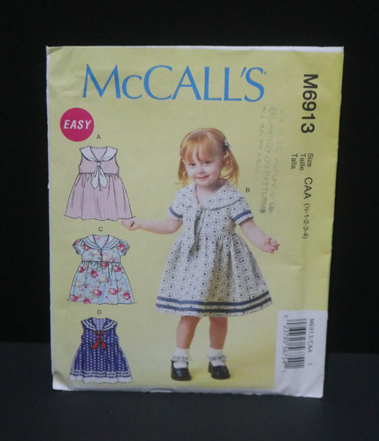 McCalls 6913 Toddlers Girls Dresses and Tie Ends Sewing Pattern - Size 1/2  1  2  3 4