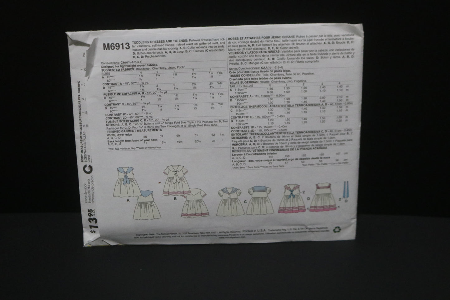 McCalls 6913 Toddlers Girls Dresses and Tie Ends Sewing Pattern - Size 1/2  1  2  3 4