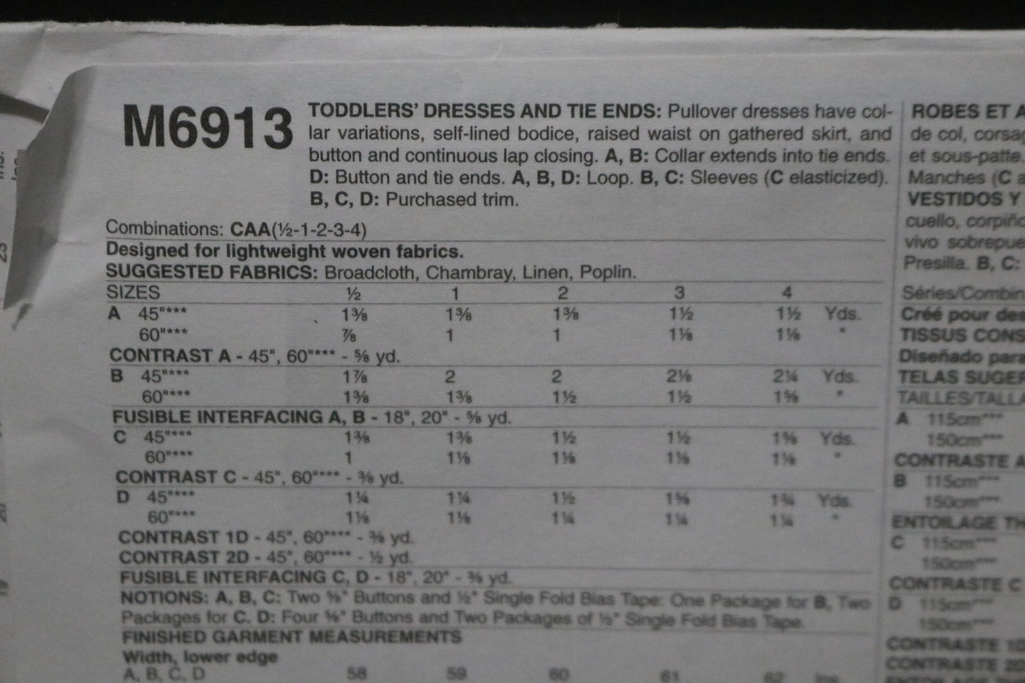 McCalls 6913 Toddlers Girls Dresses and Tie Ends Sewing Pattern - Size 1/2  1  2  3 4