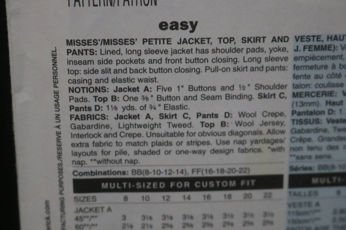 Butterick 4619 Misses / Misses Petite Jacket Top Skirt and Pants Sewing Pattern UNCUT Size 8 10 12 14