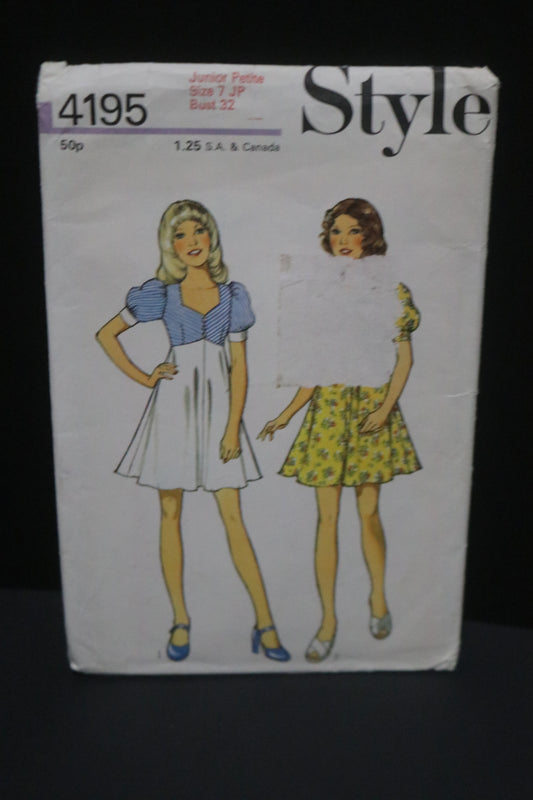 70s Style 4195 Junior Petite Dress Sewing Pattern  UNCUT Size 7jp Bust 32