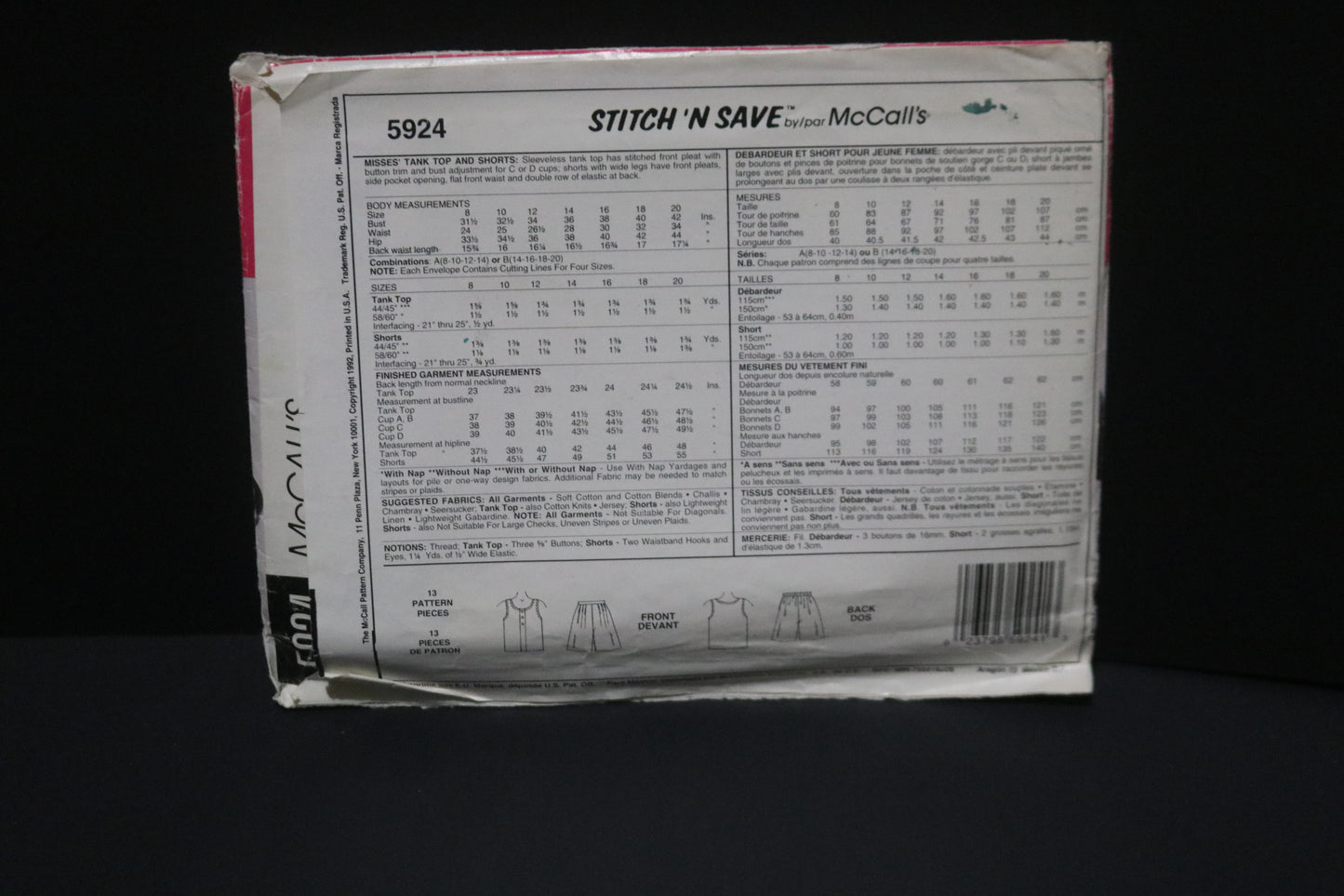 McCalls Stitch n Save 5924 Misses Tank Top and Shorts Sewing Pattern UNCUT - Size 8 10 12 14