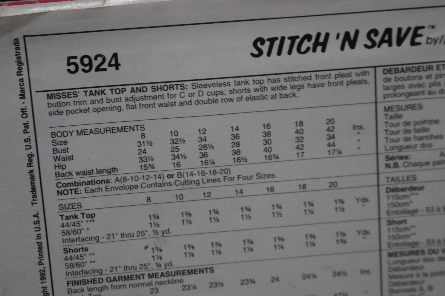 McCalls Stitch n Save 5924 Misses Tank Top and Shorts Sewing Pattern UNCUT - Size 8 10 12 14
