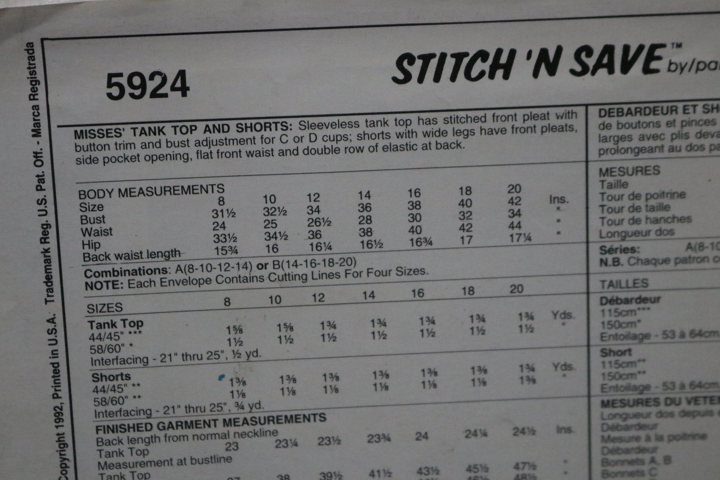 McCalls Stitch n Save 5924 Misses Tank Top and Shorts Sewing Pattern UNCUT - Size 8 10 12 14