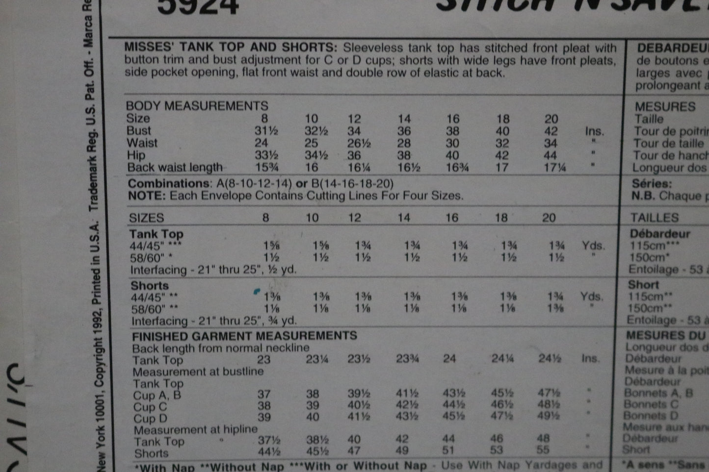 McCalls Stitch n Save 5924 Misses Tank Top and Shorts Sewing Pattern UNCUT - Size 8 10 12 14
