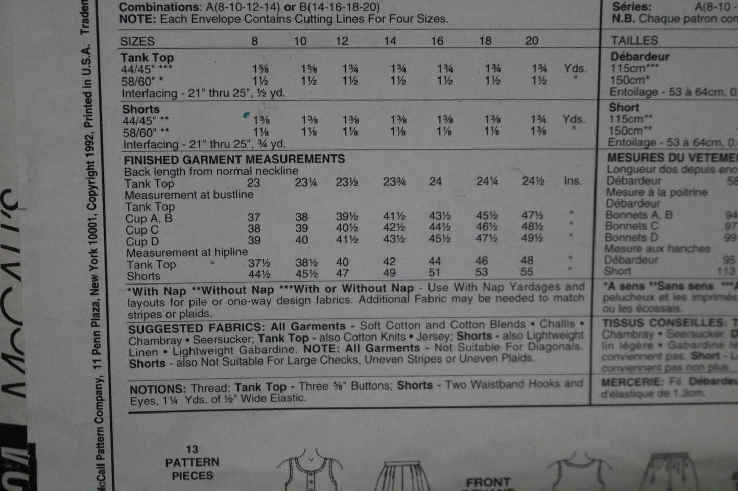 McCalls Stitch n Save 5924 Misses Tank Top and Shorts Sewing Pattern UNCUT - Size 8 10 12 14