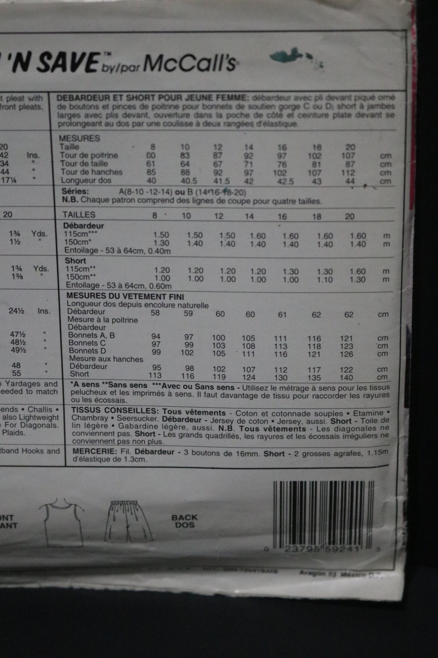 McCalls Stitch n Save 5924 Misses Tank Top and Shorts Sewing Pattern UNCUT - Size 8 10 12 14