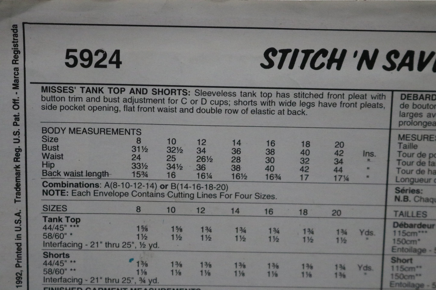 McCalls Stitch n Save 5924 Misses Tank Top and Shorts Sewing Pattern UNCUT - Size 8 10 12 14
