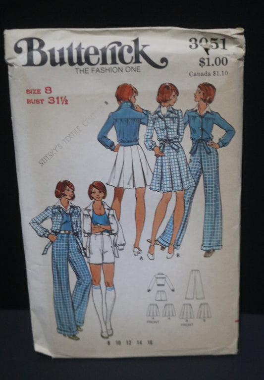 70s Butterick 3051 Misses Jacket Skirt Pants and Shorts Sewing Pattern UNCUT Size 8 Bust 31 1/2