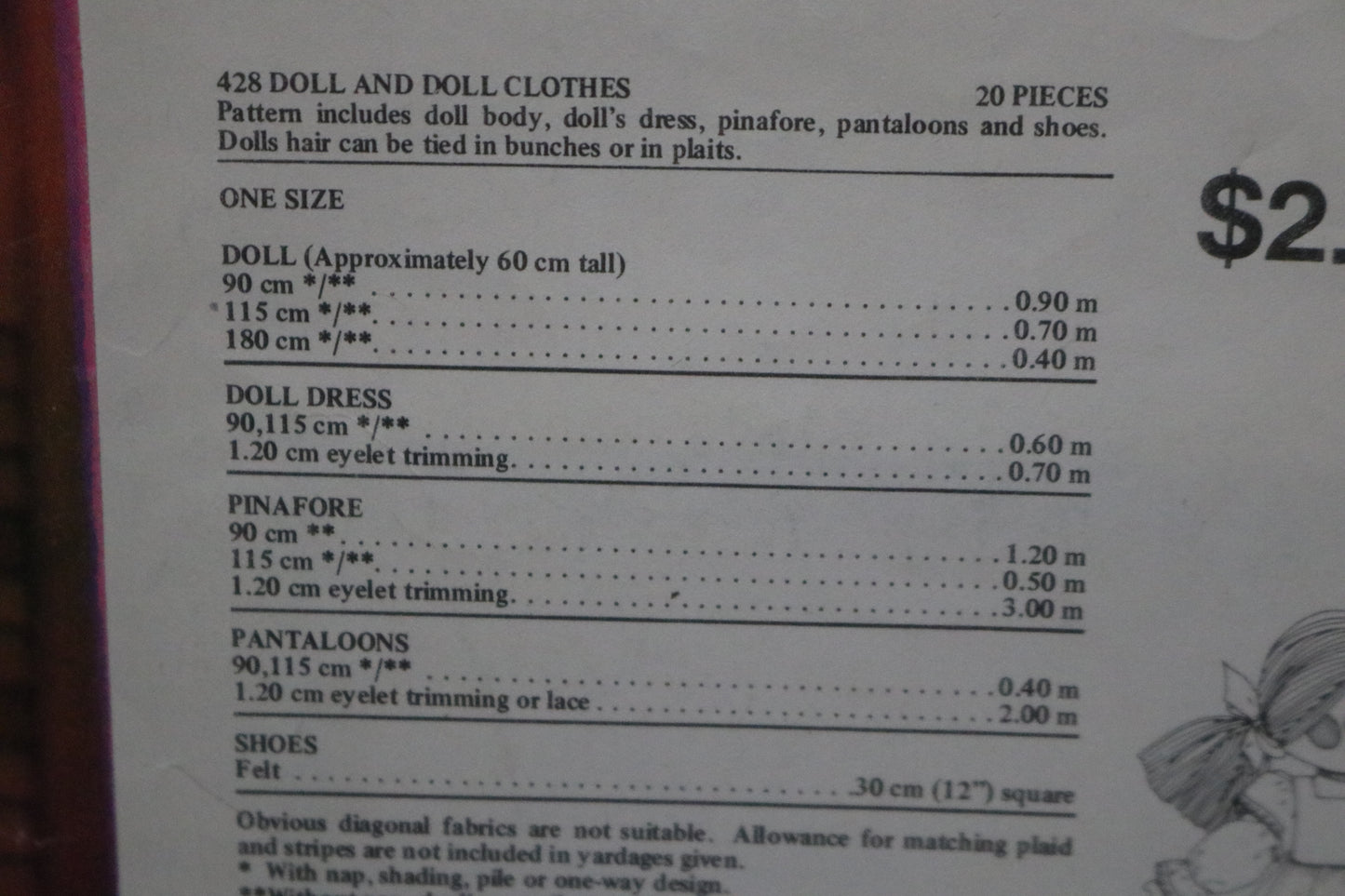 Butterick 428 Doll and Doll Clothes Sewing Pattern UNCUT