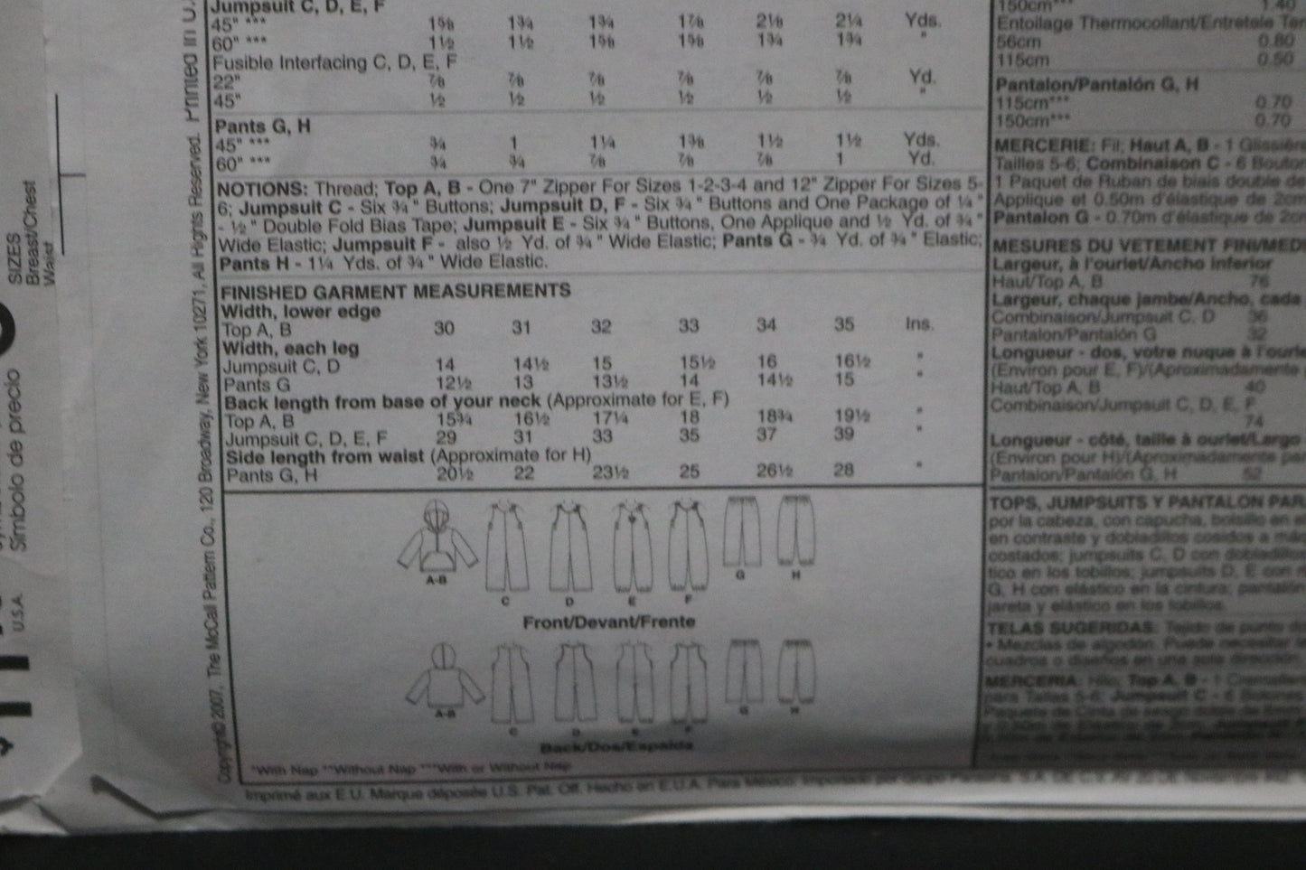 McCalls 5508 Toddlers and Childrens Tops Jumpsuits and Pants Sewing Pattern - Size 1 2 3 or Size 4 5 6