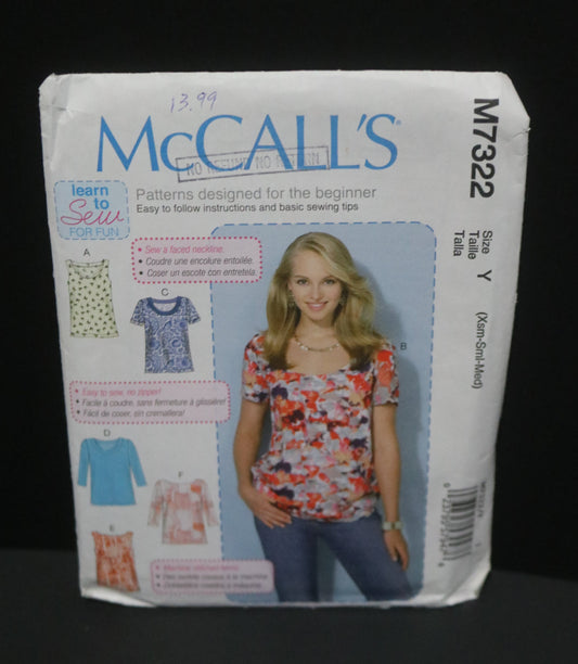 McCalls 7322 Misses Tops Sewing Pattern - UNCUT - Size Xsm Sml Med