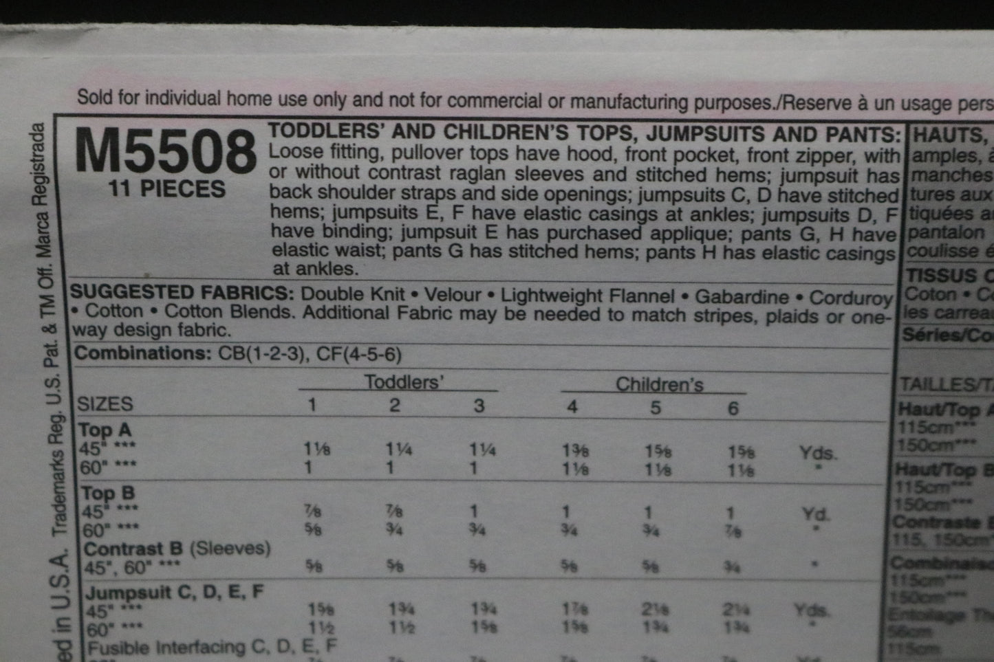 McCalls 5508 Toddlers and Childrens Tops Jumpsuits and Pants Sewing Pattern - Size 1 2 3 or Size 4 5 6
