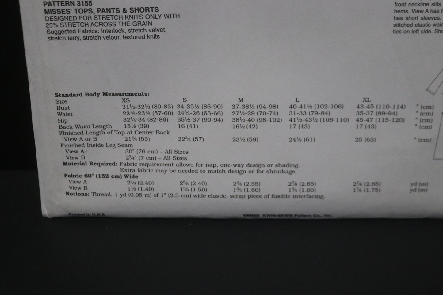 Kwik Sew 3155 Tops Pants and Shorts Sewing Pattern - UNCUT - Size Xs S M L XL