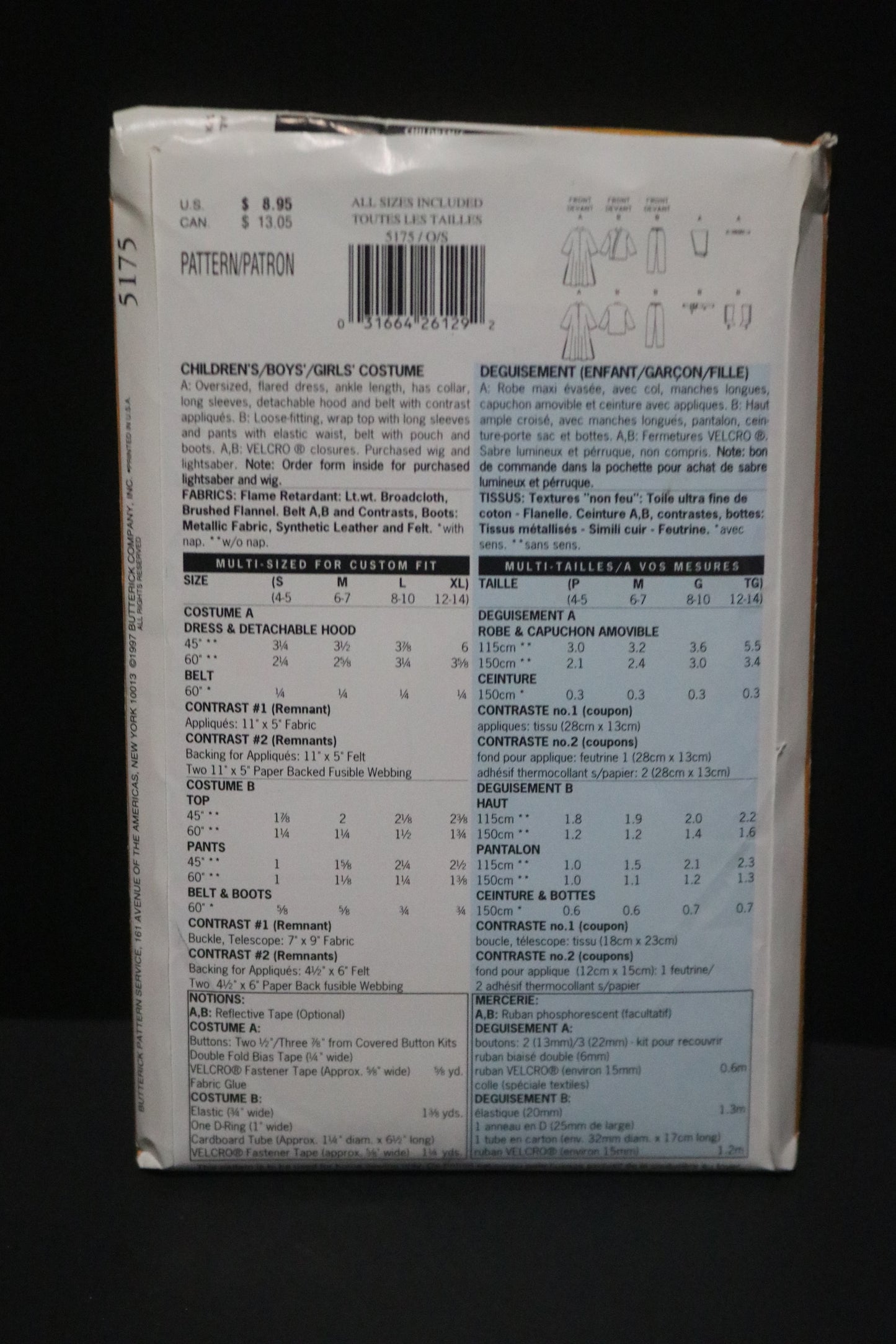 Butterick 5175 Boys Girls Star Wars Luke and Leah Costume  Sewing Pattern - UNCUT - Size S M L XL