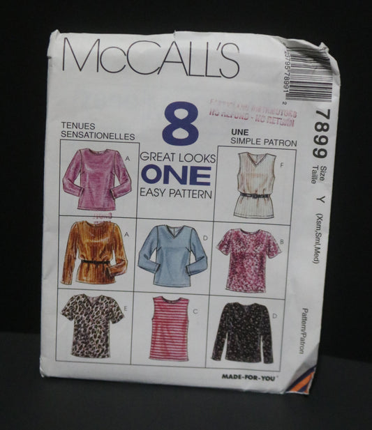 McCalls 7899 Misses Tops Sewing Pattern - UNCUT - Size Xsm Sml Med