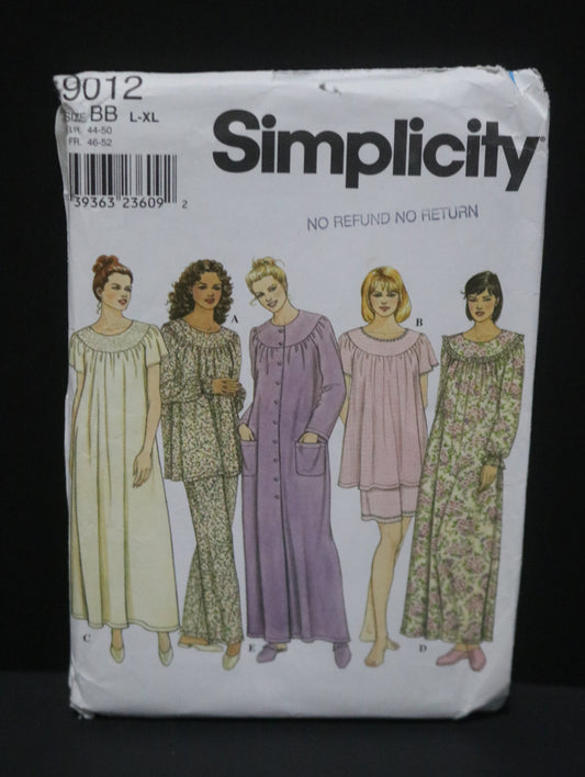 Simplicity 9012 Misses Sleepwear Nightgown, Top, Pants and Shorts Sewing Pattern UNCUT Size L - XL