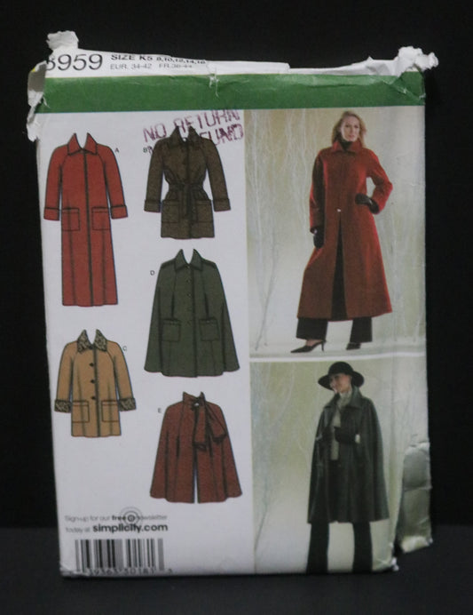 Simplicity 3959 Misses / Miss Petite Lined Coat or Jacket and Lined Cape in Two Lengths Sewing Pattern - UNCUT - Size  8 10 12 14 16