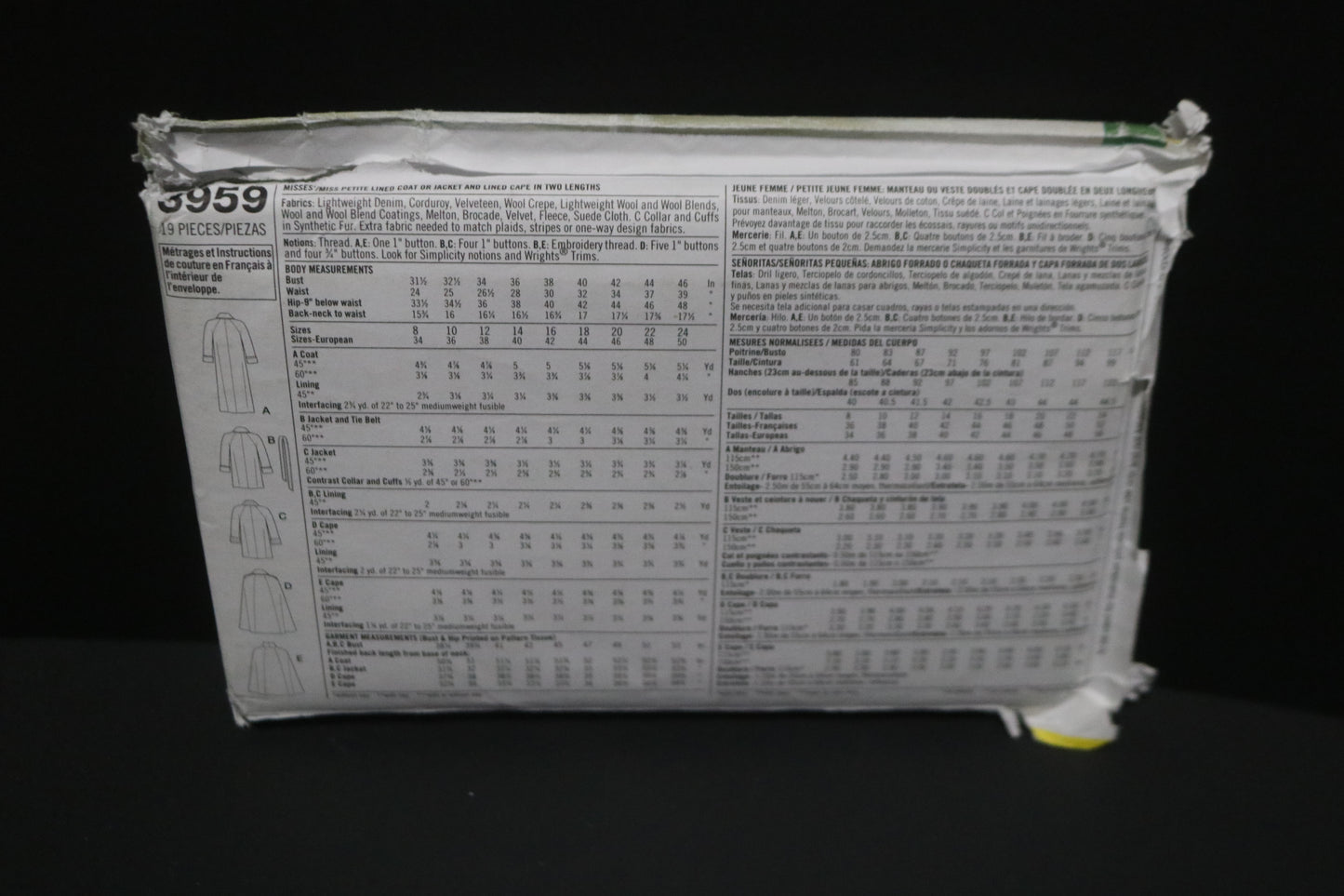 Simplicity 3959 Misses / Miss Petite Lined Coat or Jacket and Lined Cape in Two Lengths Sewing Pattern - UNCUT - Size  8 10 12 14 16