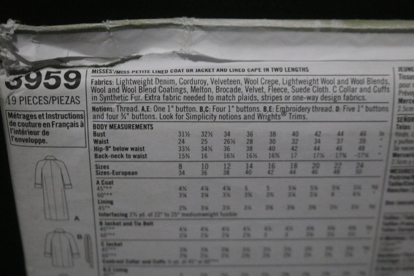 Simplicity 3959 Misses / Miss Petite Lined Coat or Jacket and Lined Cape in Two Lengths Sewing Pattern - UNCUT - Size  8 10 12 14 16