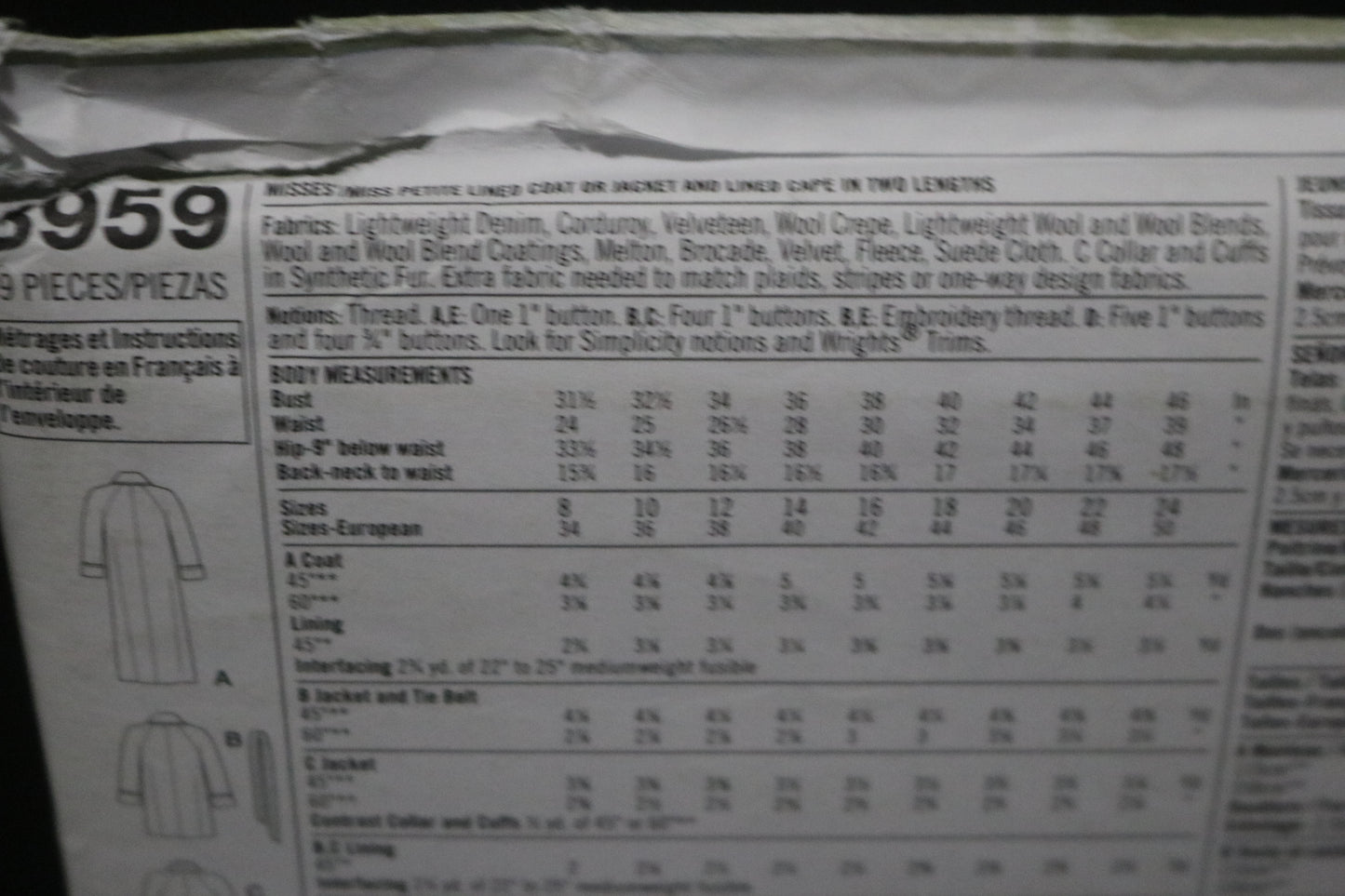 Simplicity 3959 Misses / Miss Petite Lined Coat or Jacket and Lined Cape in Two Lengths Sewing Pattern - UNCUT - Size  8 10 12 14 16