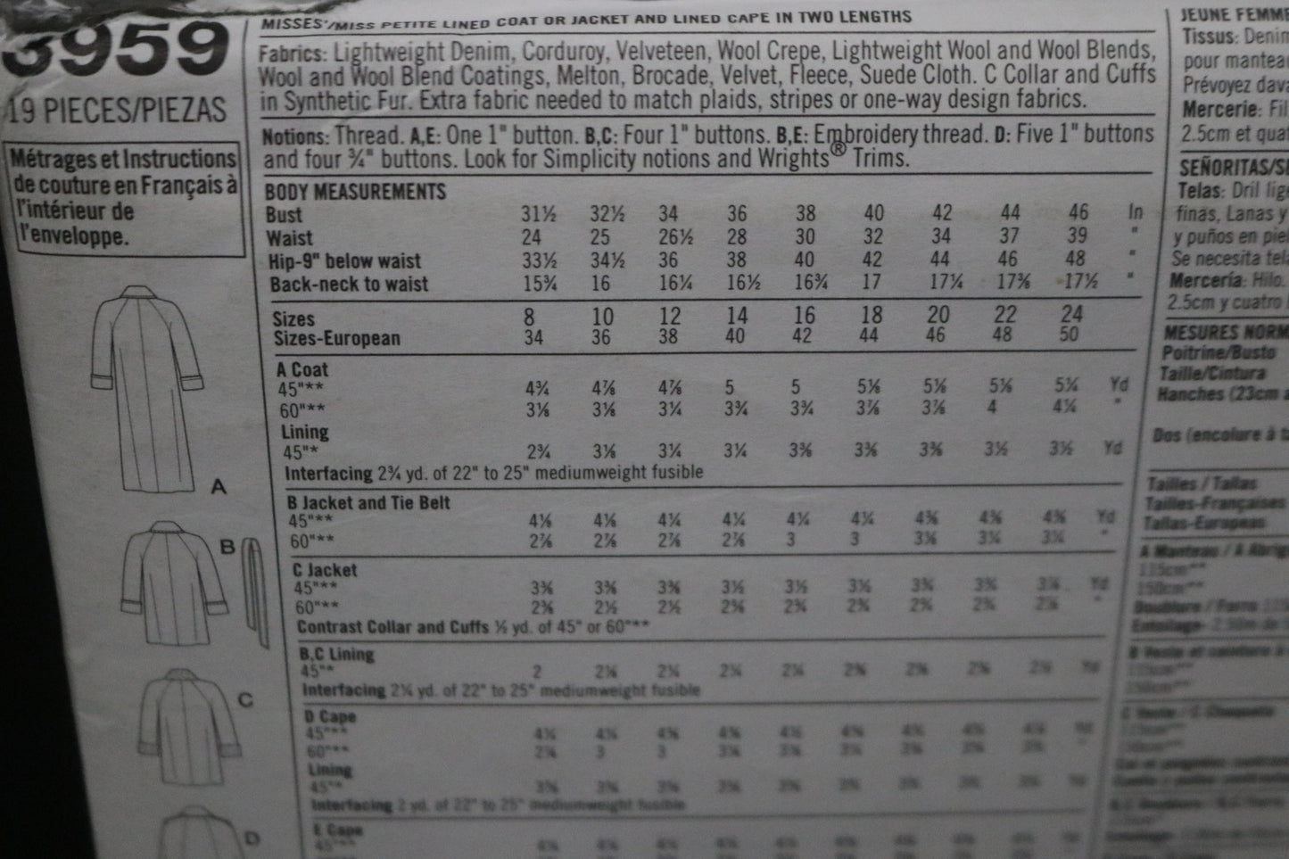 Simplicity 3959 Misses / Miss Petite Lined Coat or Jacket and Lined Cape in Two Lengths Sewing Pattern - UNCUT - Size  8 10 12 14 16