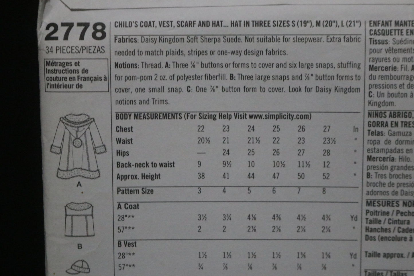 Simplicity 2778 Daisy Kingdom Childs Girls Coat Vest Scarf and Hat Sewing Pattern - UNCUT - Size 3 4 5 6 7 8