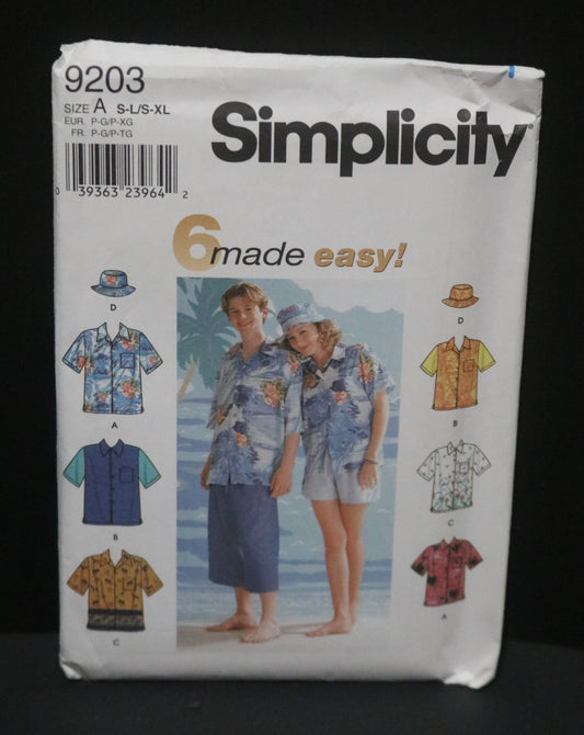 Simplicity 9203  Misses and Men's Shirt and Hat Sewing Pattern - UNCUT - Misses Size S - L Mens Size S - XL