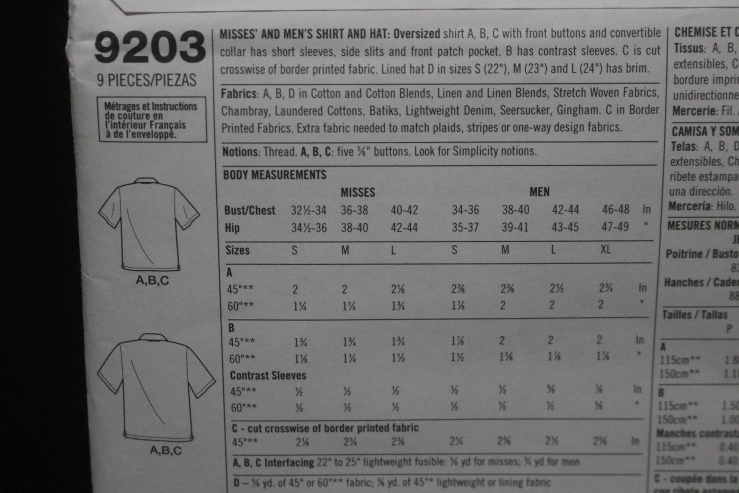 Simplicity 9203  Misses and Men's Shirt and Hat Sewing Pattern - UNCUT - Misses Size S - L Mens Size S - XL