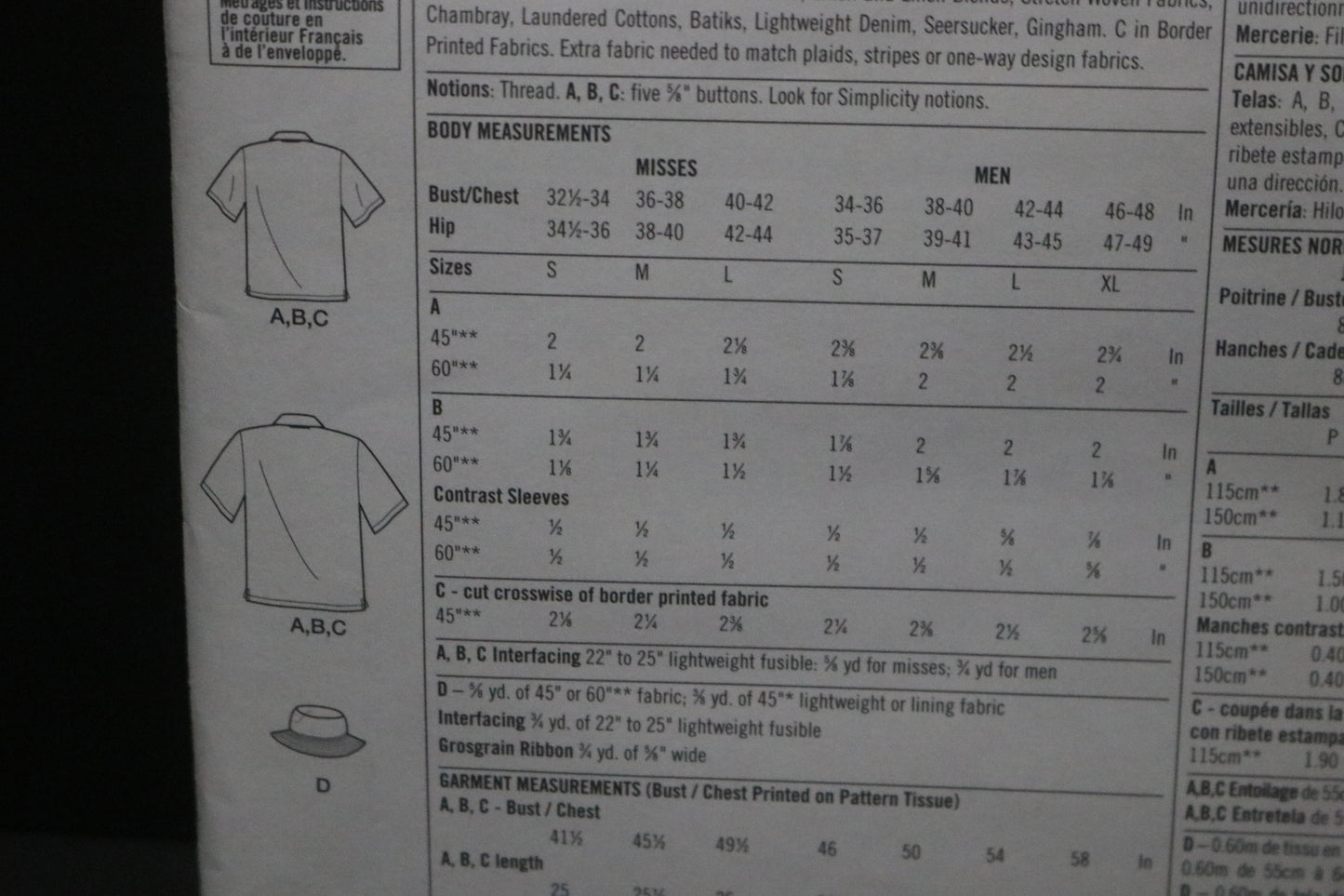 Simplicity 9203  Misses and Men's Shirt and Hat Sewing Pattern - UNCUT - Misses Size S - L Mens Size S - XL