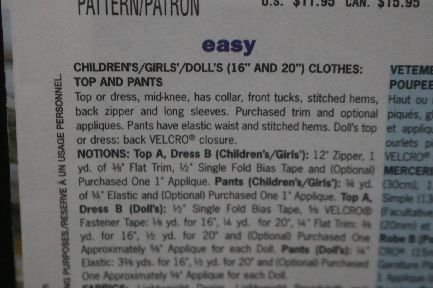 Butterick 3954 Childrens / Girls / Dolls 16" and 20" ) Clothes Top and Pants Sewing Pattern - UNCUT Size 2 3 4 5