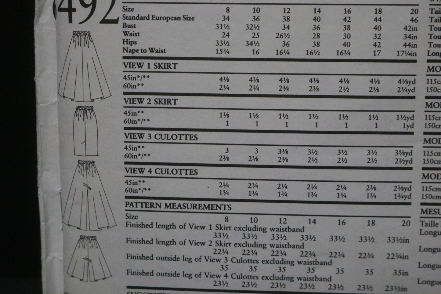 New Look 6492 Misses Skirt and Cullotes Sewing Pattern UNCUT - Size 8 - 20
