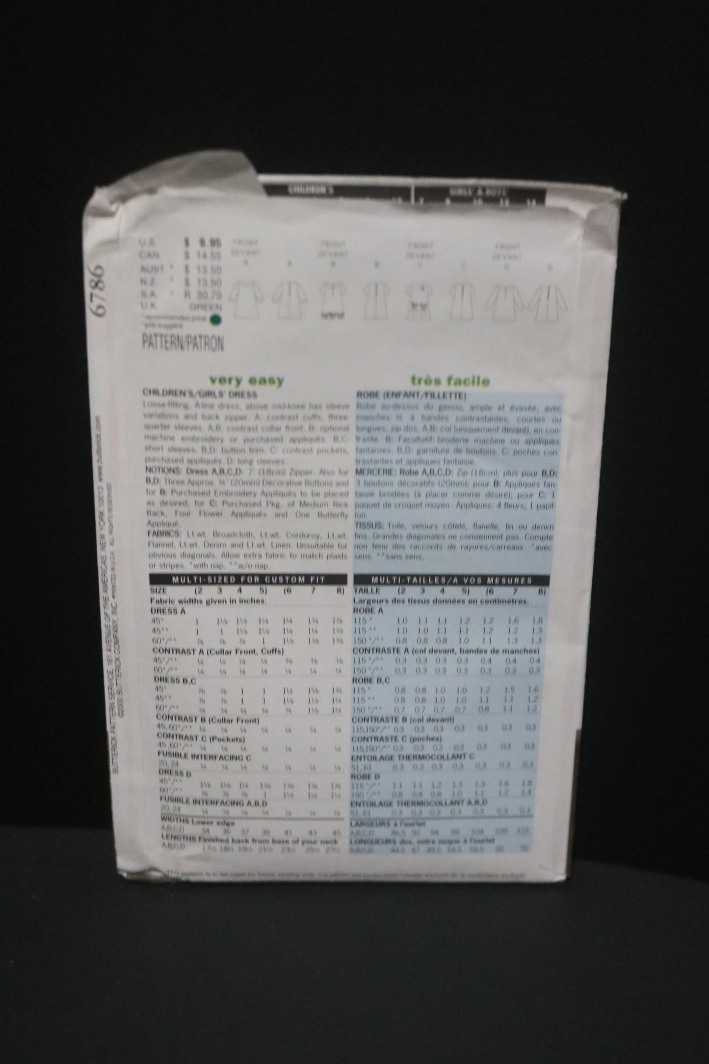 Butterick 6786 Childrens / Girls Dress Sewing Pattern - UNCUT Size 6 7 8