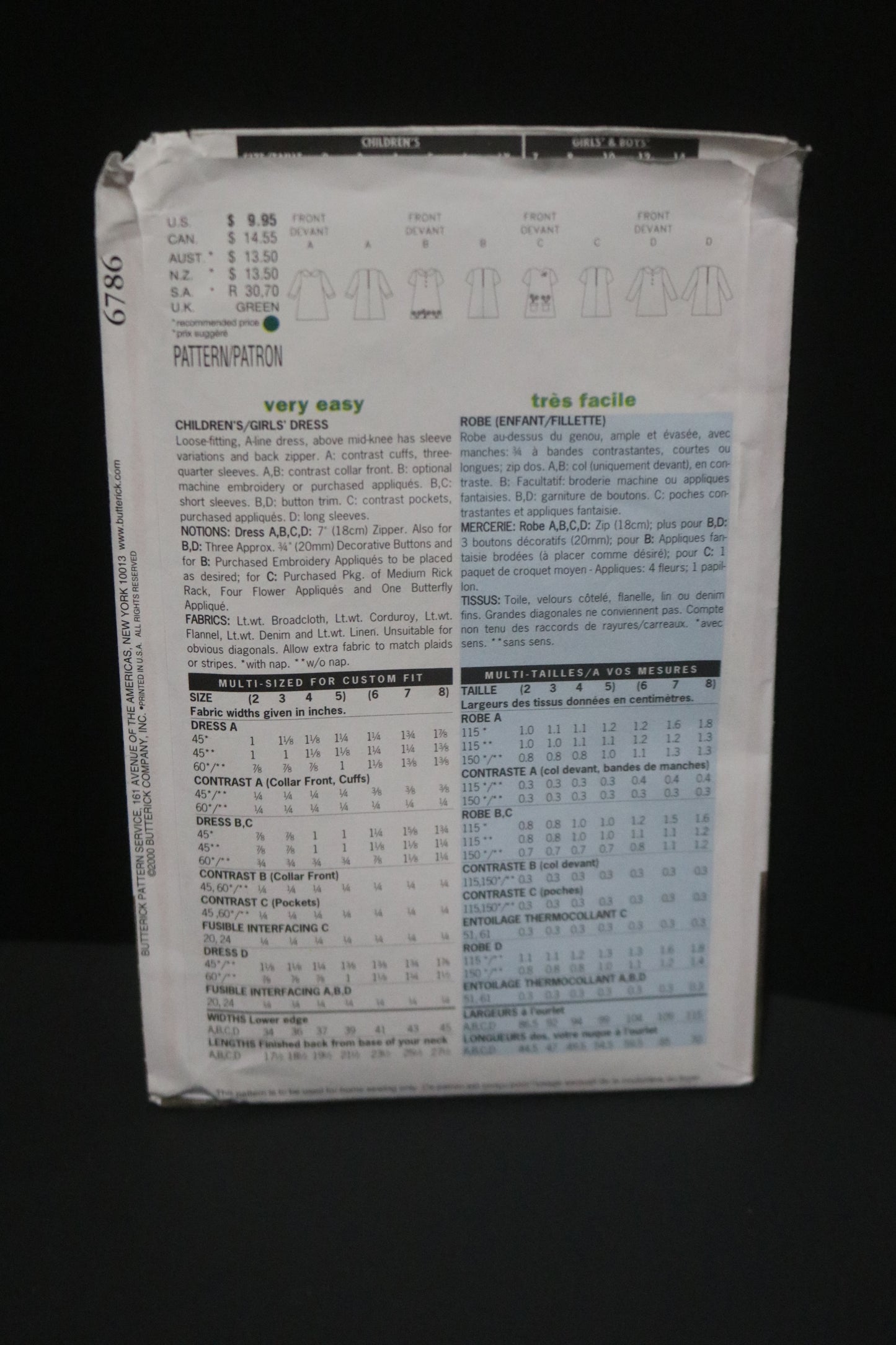 Butterick 6786 Childrens / Girls Dress Sewing Pattern - UNCUT Size 6 7 8