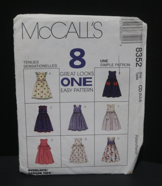 McCalls 8352 Children's or Girls Jumper Sewing Pattern UNCUT Size 2 3 4