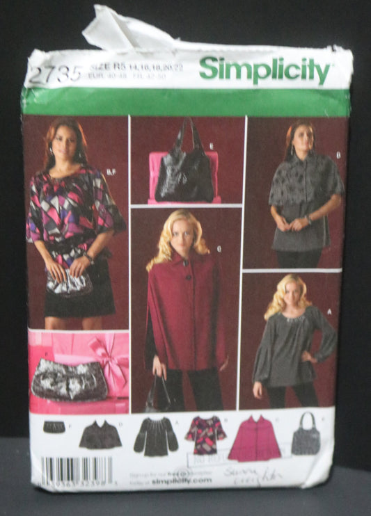 Simplicity 2735  Misses Cape, Capelet, Tunic and Bags Sewing Pattern - UNCUT - Size 14 16 18 20 22