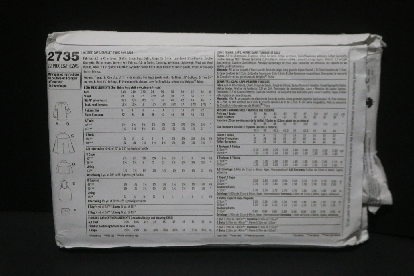 Simplicity 2735  Misses Cape, Capelet, Tunic and Bags Sewing Pattern - UNCUT - Size 14 16 18 20 22