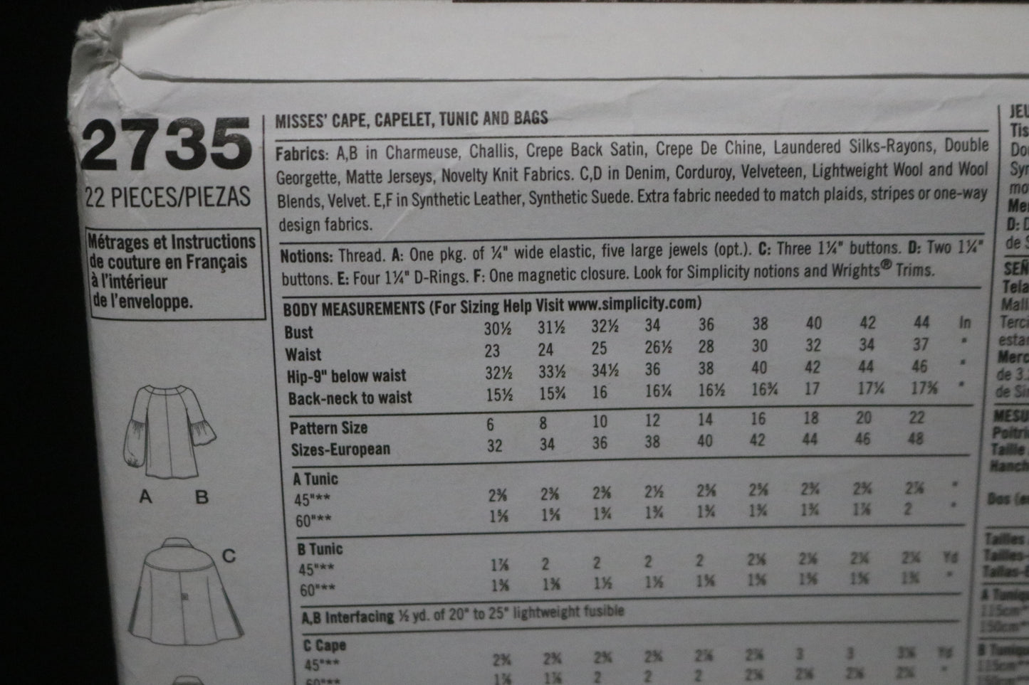 Simplicity 2735  Misses Cape, Capelet, Tunic and Bags Sewing Pattern - UNCUT - Size 14 16 18 20 22