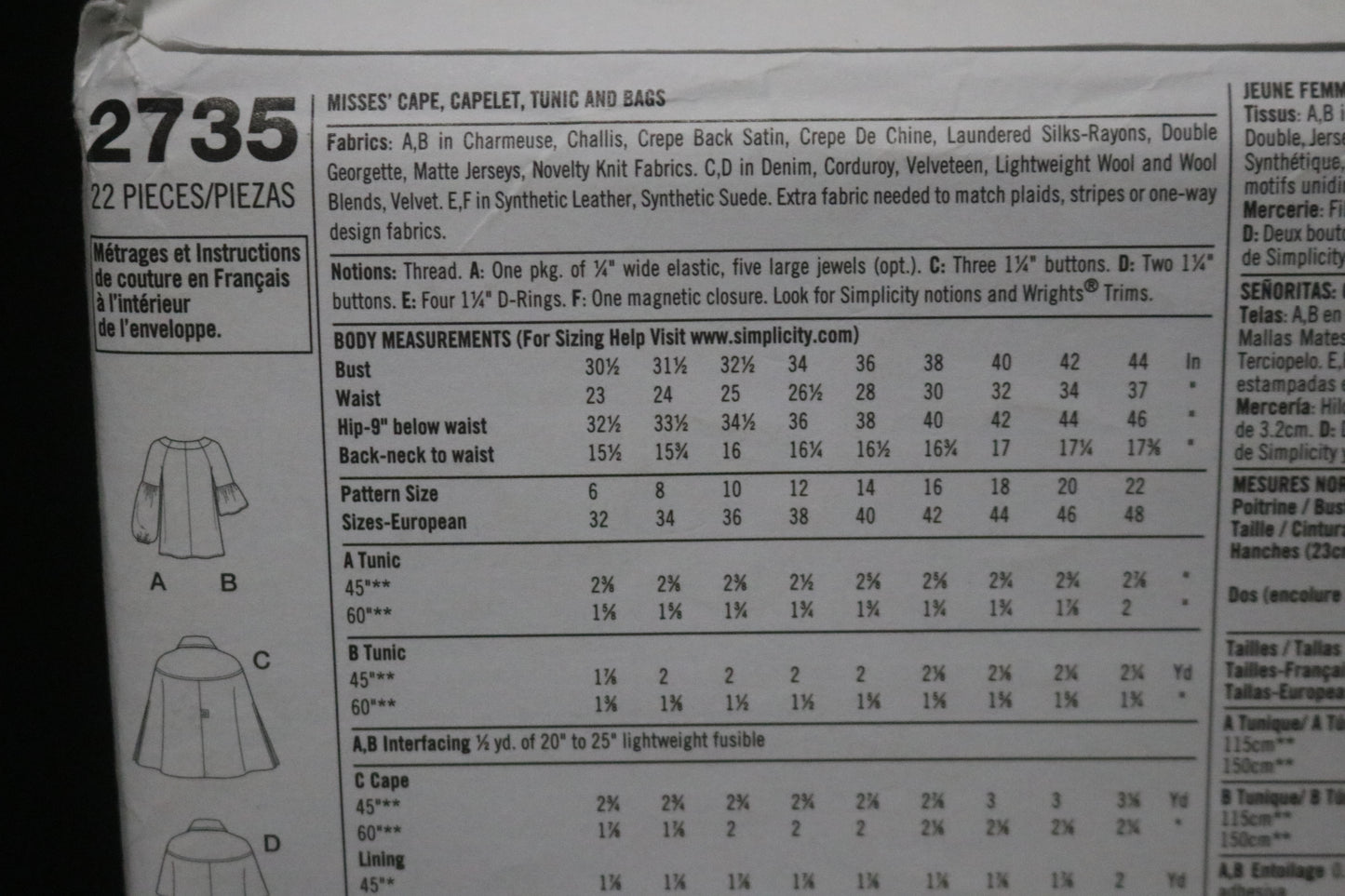 Simplicity 2735  Misses Cape, Capelet, Tunic and Bags Sewing Pattern - UNCUT - Size 14 16 18 20 22