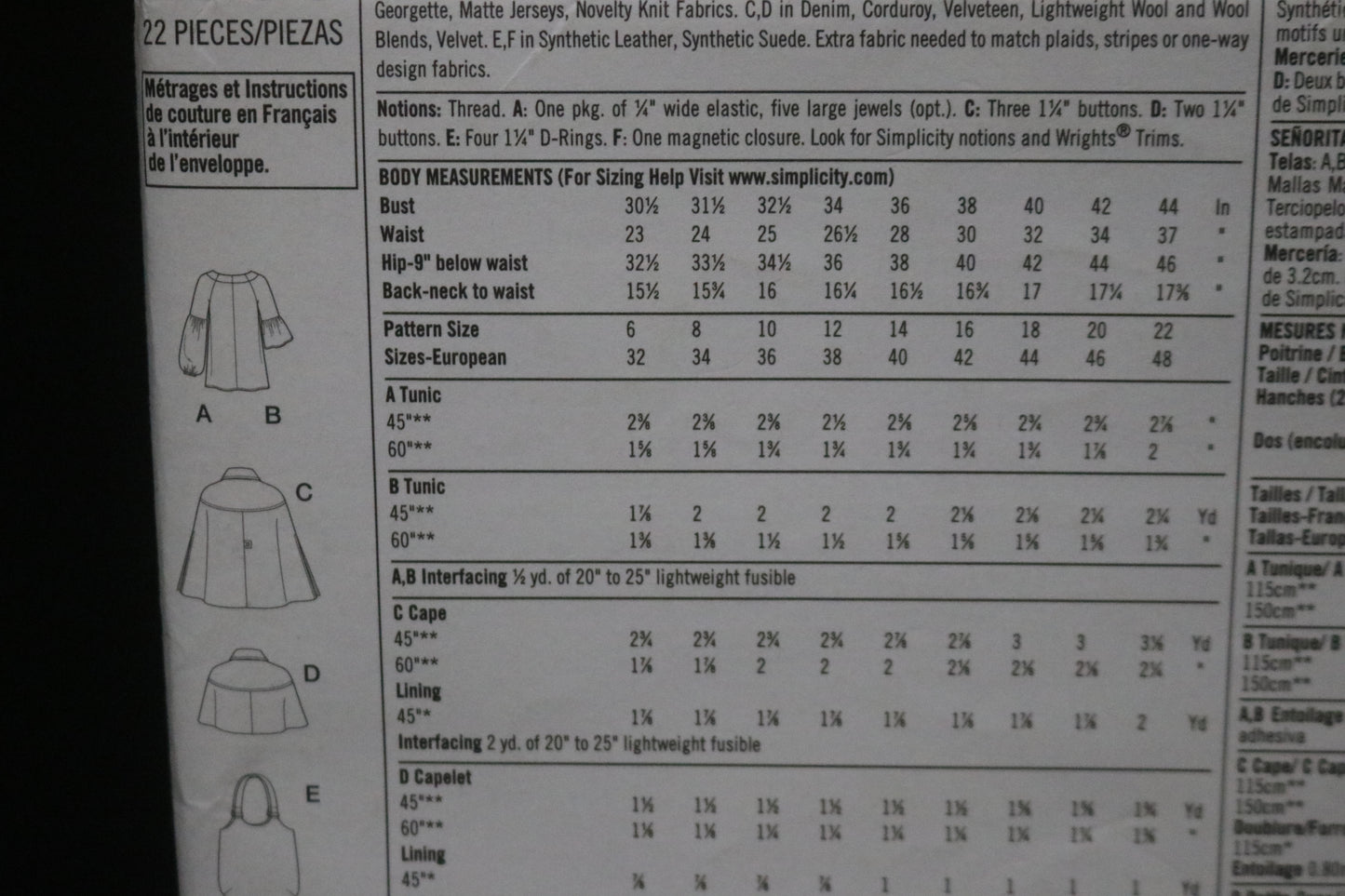 Simplicity 2735  Misses Cape, Capelet, Tunic and Bags Sewing Pattern - UNCUT - Size 14 16 18 20 22